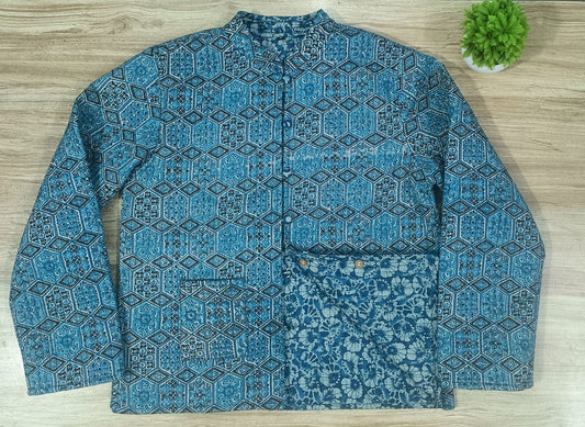 Full Sleeve Ajrakh Printed Blue Reversible Jacket for Women