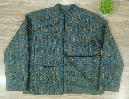 Full Sleeve Ajrakh Printed Green Reversible Jacket for Women