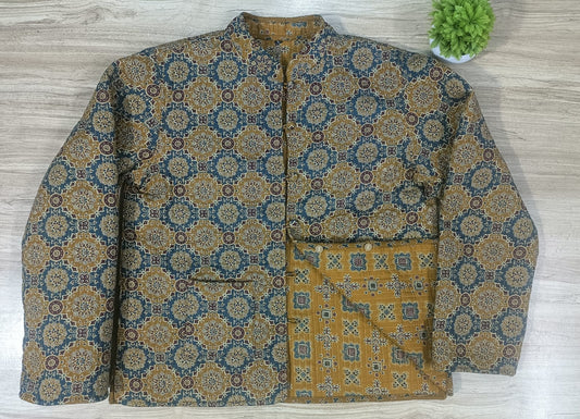 Full Sleeve Ajrakh Printed Khaki Reversible Jacket for Women