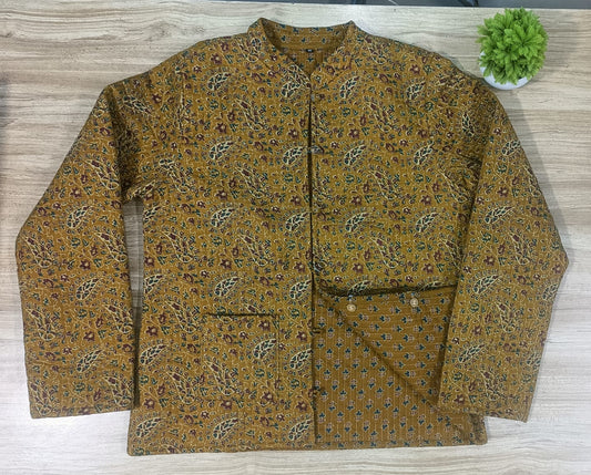 Full Sleeve Ajrakh Printed Khaki Reversible Jacket for Women