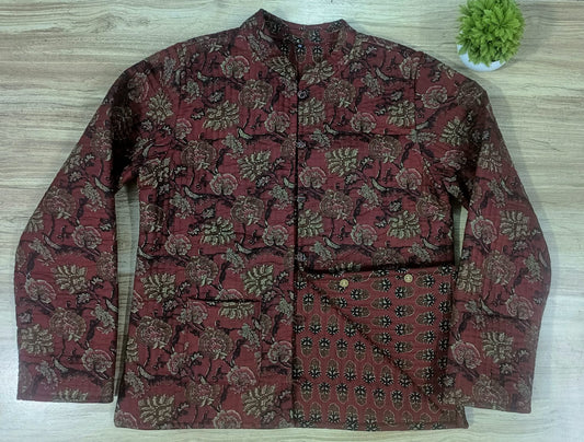 Full Sleeve Ajrakh Printed Maroon Reversible Jacket for Women