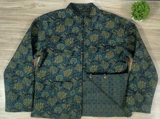 Full Sleeve Ajrakh Printed Green Reversible Jacket for Women