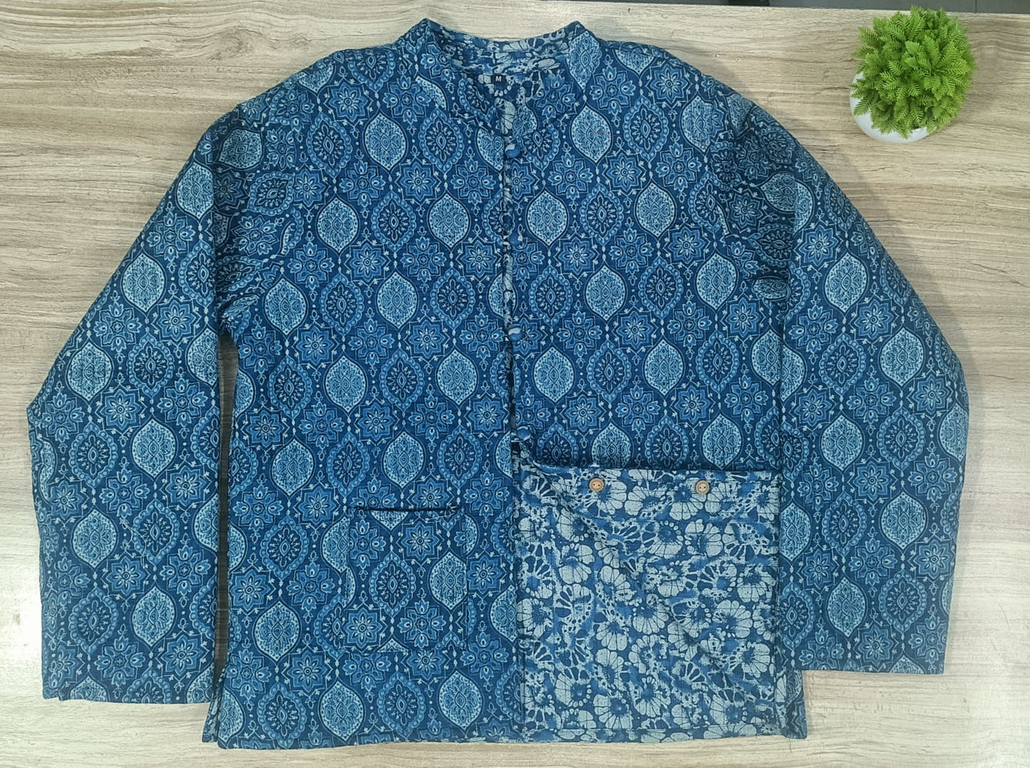 Full Sleeve Ajrakh Printed Blue Reversible Jacket for Women