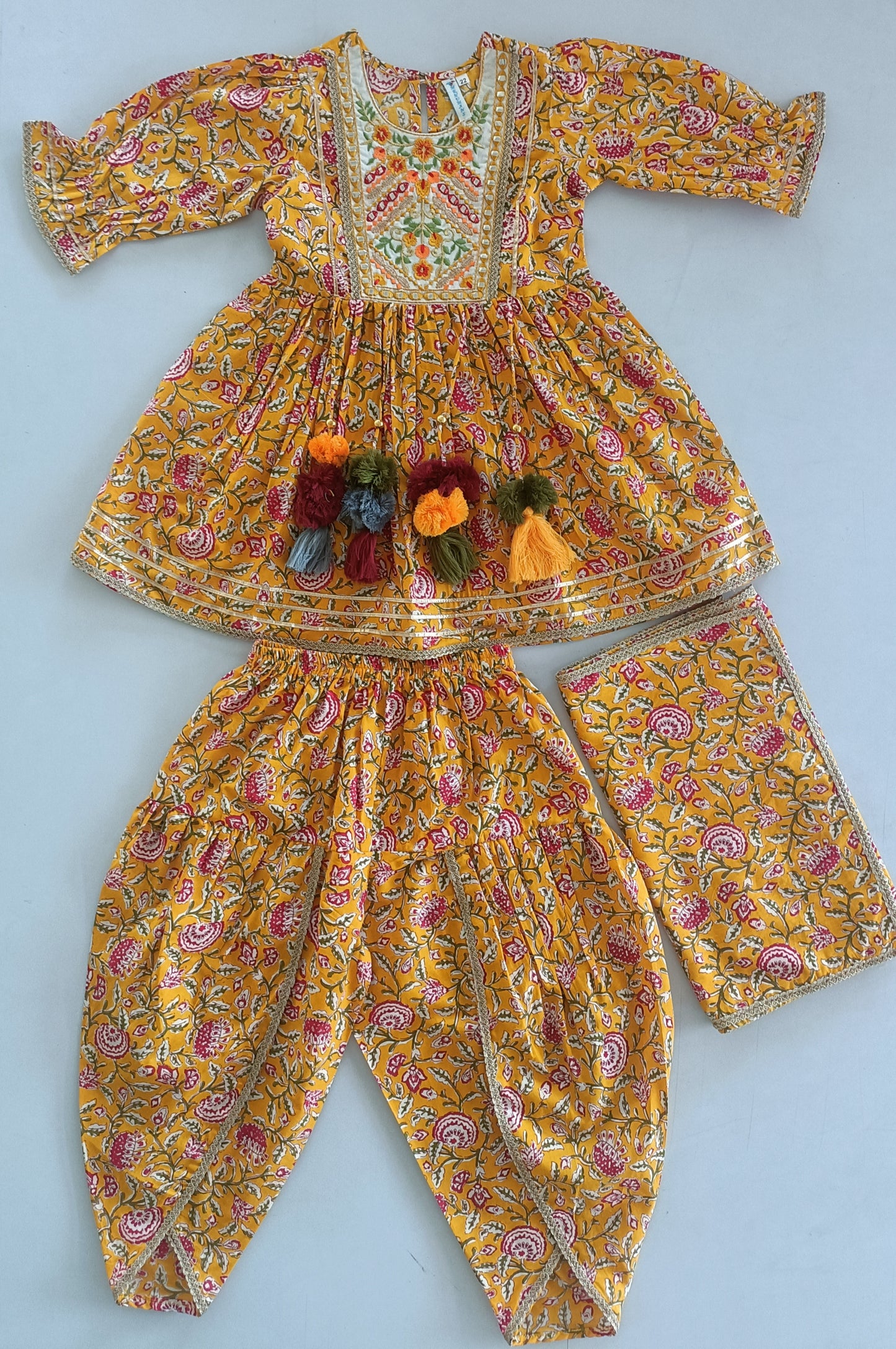 Beautiful Floral Printed Yellow Anarkali Dress For Girls 3pcs Set