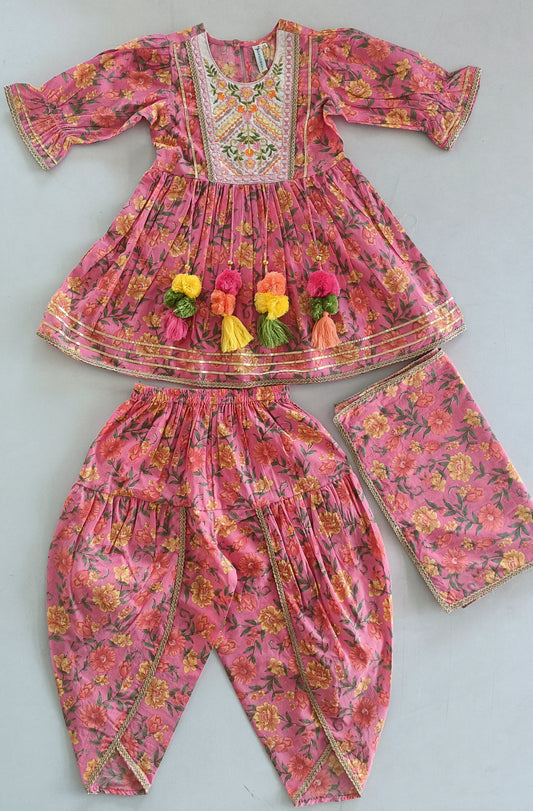 Yellow Floral Printed Pink Anarkali Dress For Girls 3pcs Set