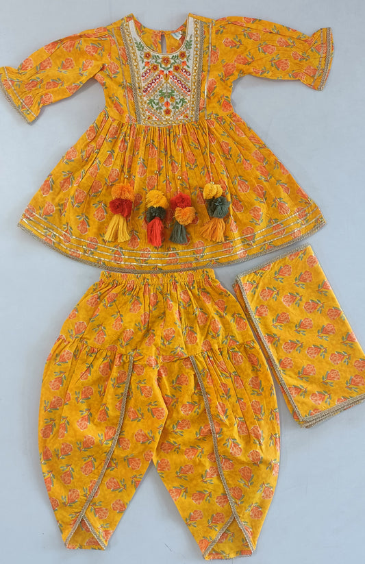 Ethnic Floral Printed Yellow Anarkali Dress For Girls 3pcs Set