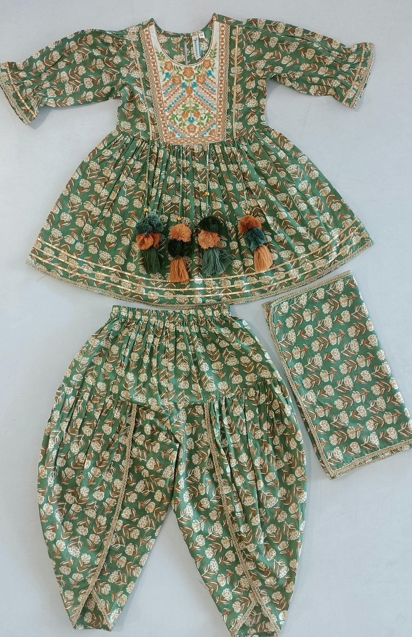 Sage Green Floral Printed Anarkali Dress, Dhoti & Dupatta For Girls 3pcs Set