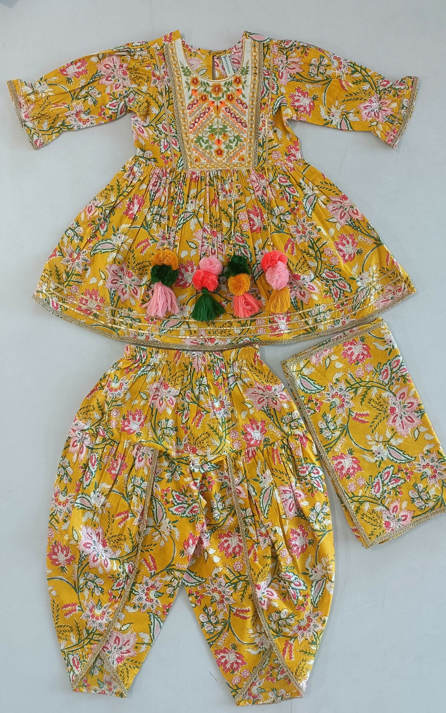 Red Floral Printed Dark Yellow Anarkali Dress For Girls 3pcs Set