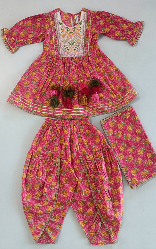 Floral Printed Pink Anarkali Dress, Dhoti & Dupatta For Girls 3pcs Set