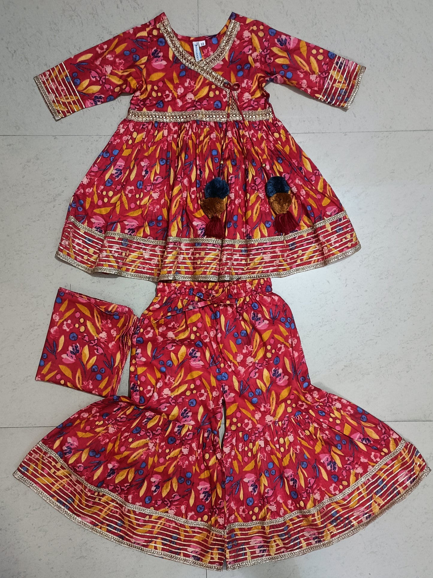 Red Angrakha Dress & Sharara Set With Dupatta 3pcs Set for Girls