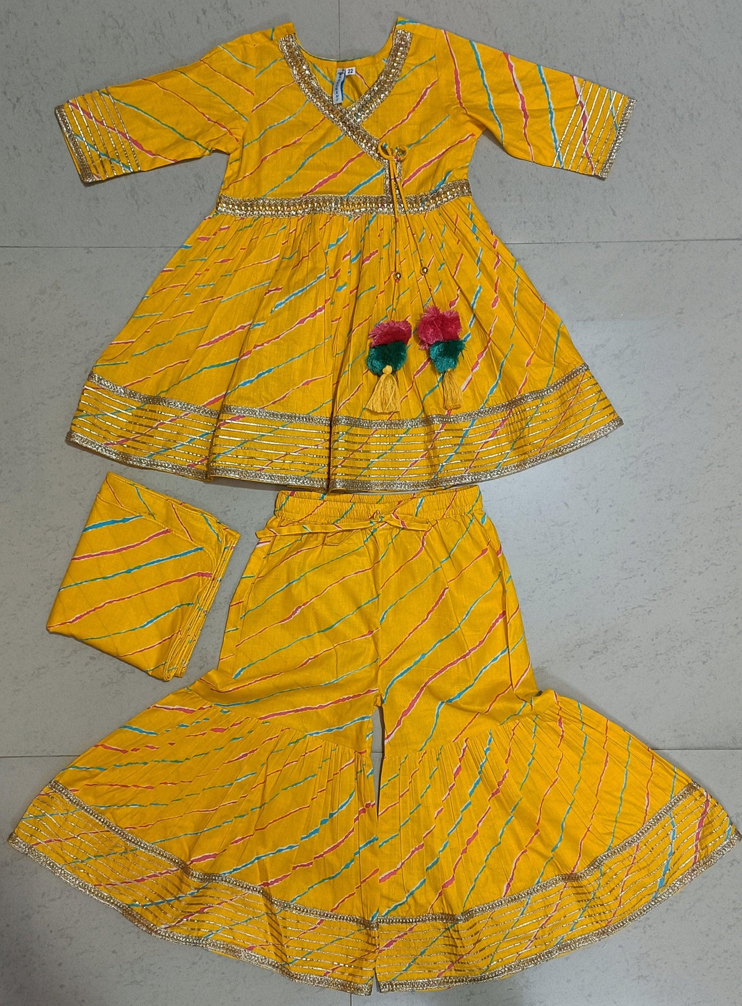 Yellow Angrakha Dress & Sharara Set With Dupatta 3pcs Set for Girls