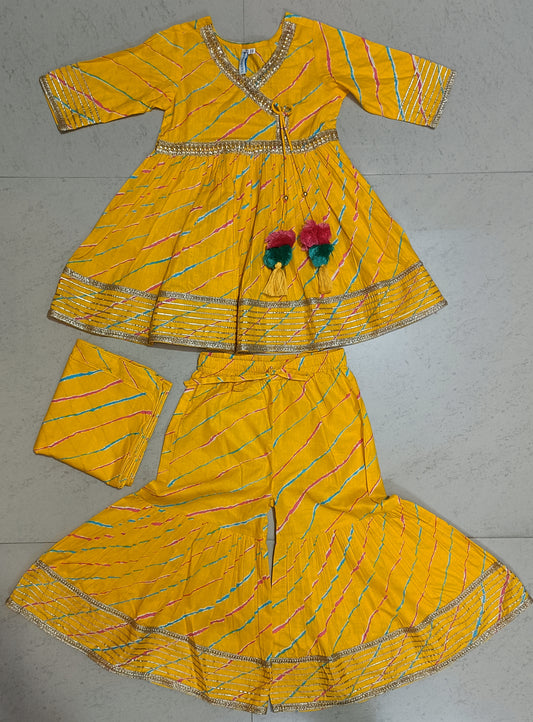 Yellow Angrakha Dress & Sharara Set With Dupatta 3pcs Set for Girls