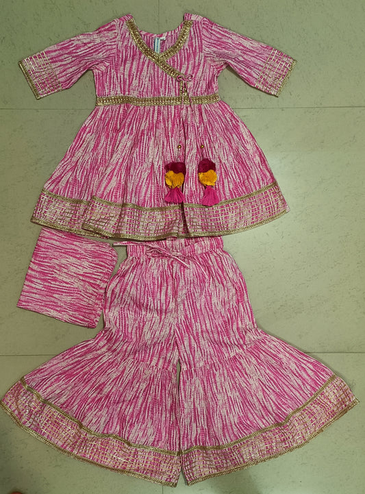 Pink Angrakha Dress & Sharara Set With Dupatta 3pcs Set for Girls