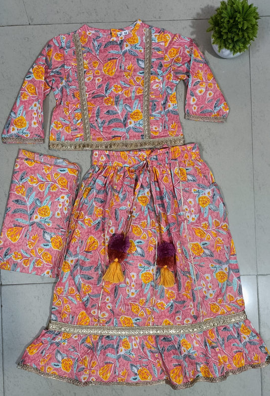 Flower Printed Light Pink Lehenga for Girls 3 Piece Set