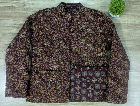 Full Sleeve Ajrakh Printed Maroon Reversible Jacket for Women