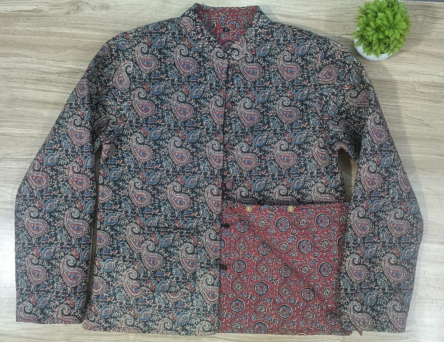 Ajrakh Printed Blue and Maroon Color Reversible Jacket for Women