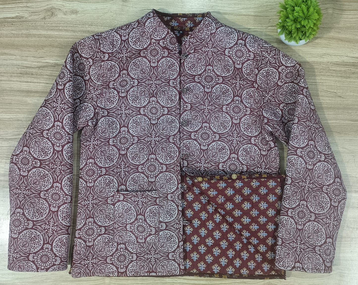 Full Sleeve Ajrakh Printed Maroon Reversible Jacket for Women