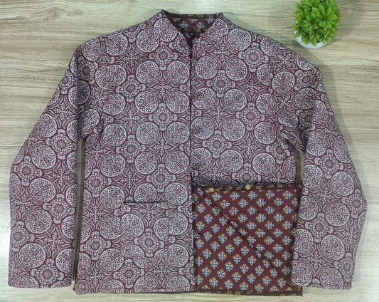 Full Sleeve Ajrakh Printed Maroon Reversible Jacket for Women