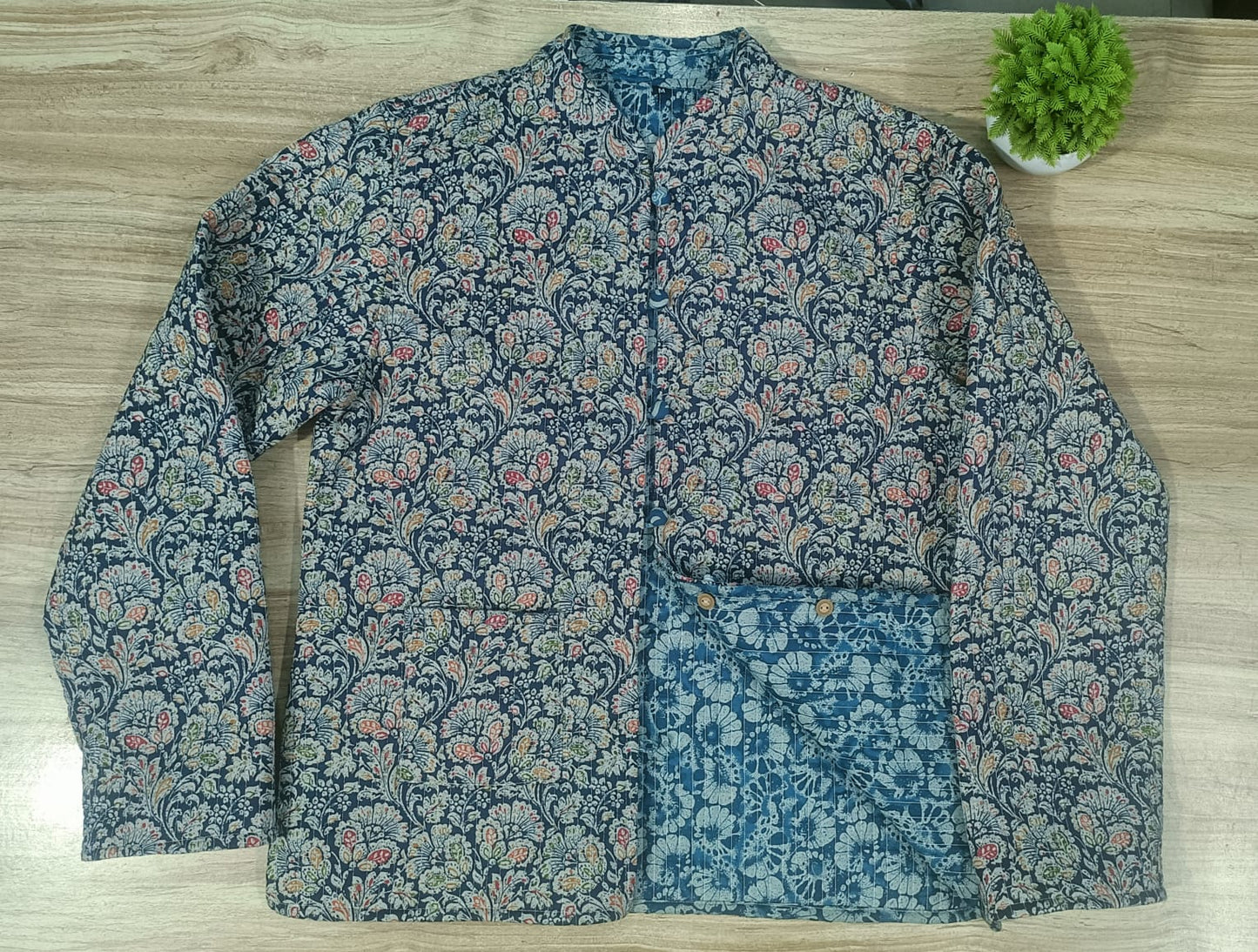 Full Sleeve Ajrakh Printed Blue Reversible Jacket for Women